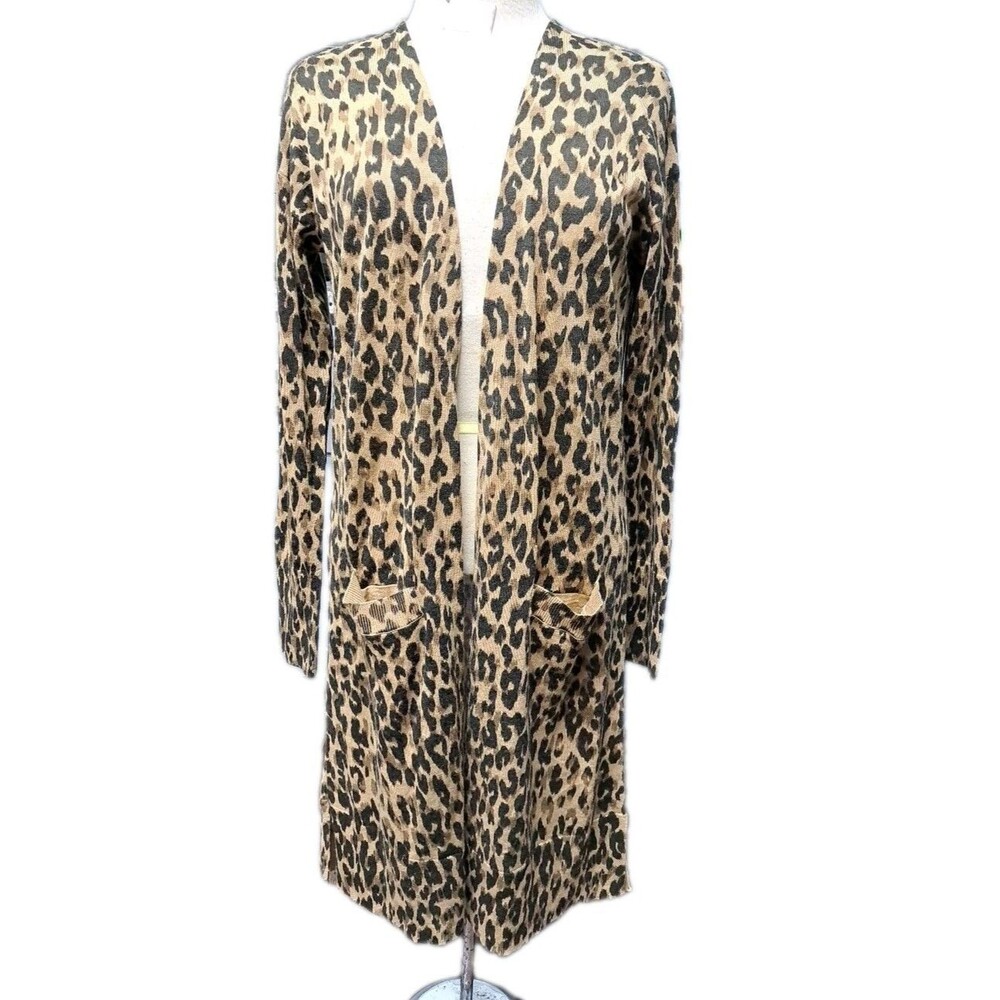 Halogen Duster Cardigan Women M Leopard Print Open Front Merino Wool Pockets